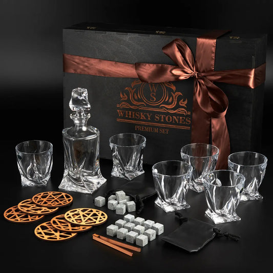 WhiskyStones™ Box with 6 glasses and decanter "Bohemia Quadro"