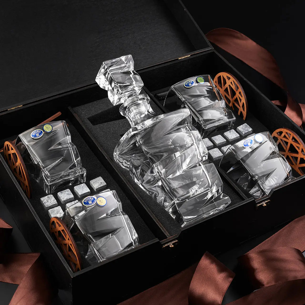WhiskyStones™ Box with 4 crystal glasses and decanter "Bohemia Zig-Zag"