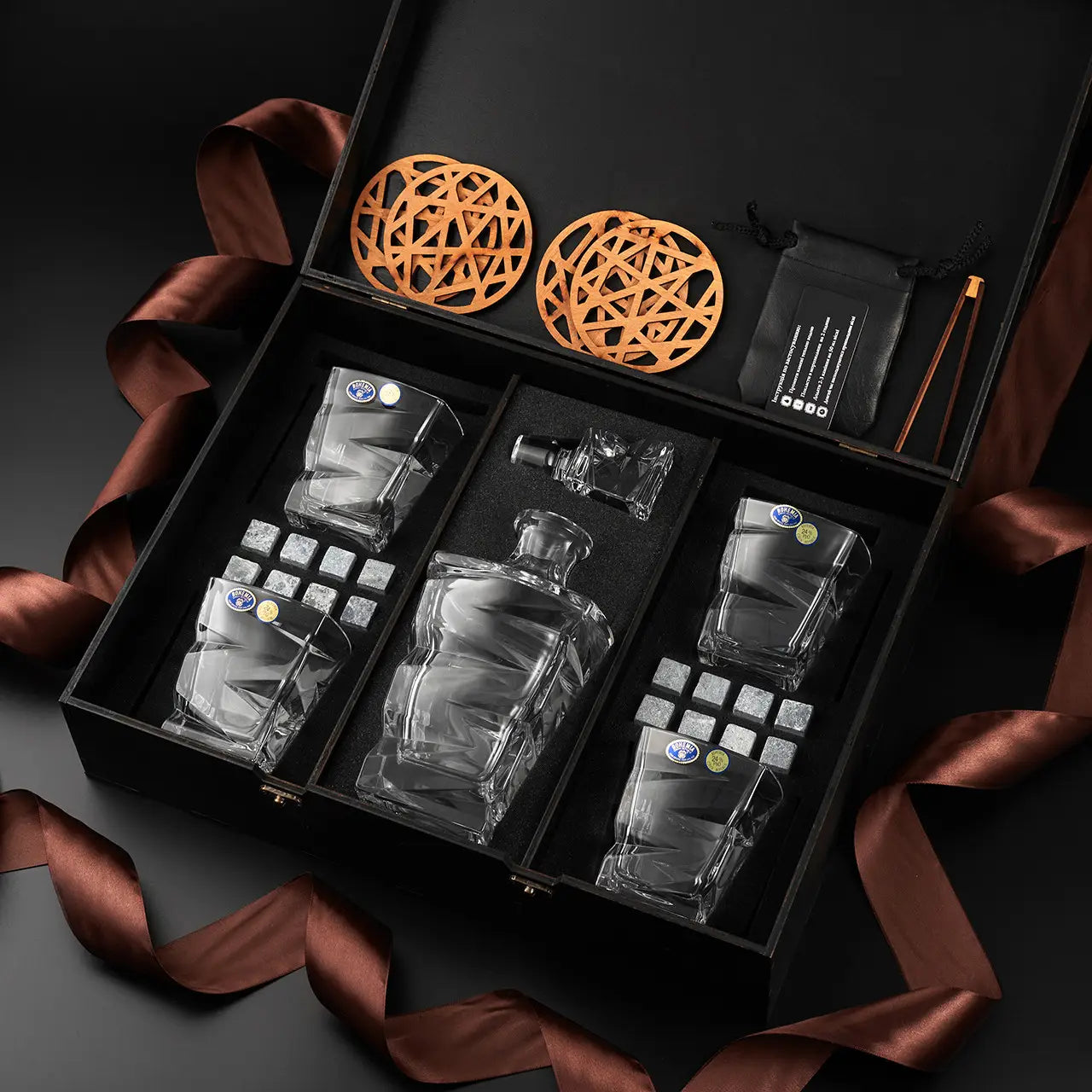 WhiskyStones™ Box with 4 crystal glasses and decanter "Bohemia Zig-Zag"