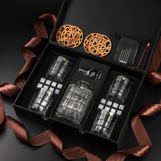 WhiskyStones™ Box with 4 crystal glasses and decanter "Bohemia Timequare"